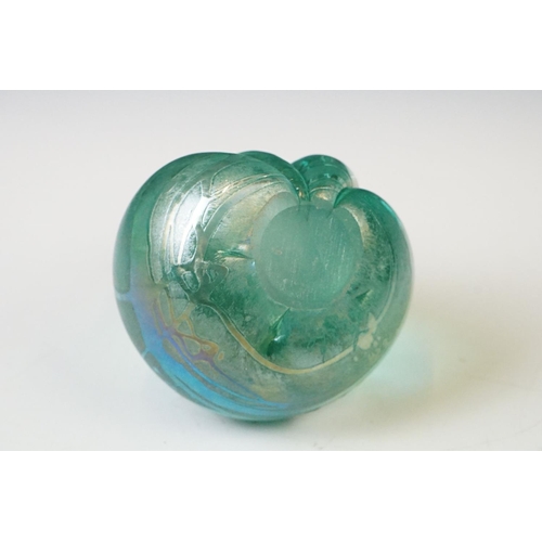 90 - 20th Century iridescent green glass frog paperweight, in the manner of John Ditchfield, signed to ba... 