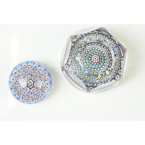 91 - Six 20th Century glass paperweights to include a faceted millefiori example, a Murano millefiori pap... 