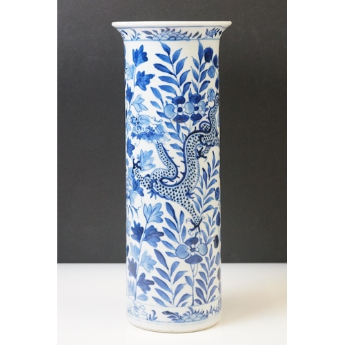 93 - Chinese Blue & white sleeve vase decorated with dragons amongst flowers & foliage, four character ma... 