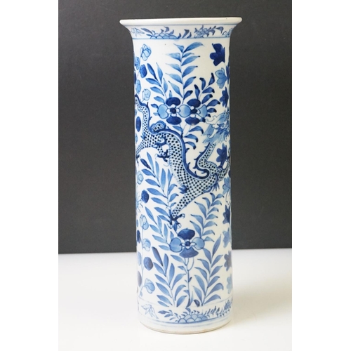 93 - Chinese Blue & white sleeve vase decorated with dragons amongst flowers & foliage, four character ma... 