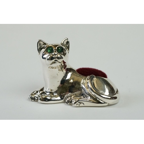 229 - Silver Cat Pincushion with emerald eyes