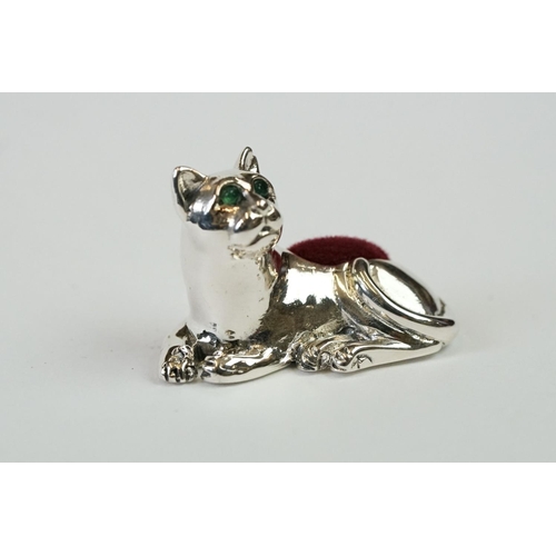 229 - Silver Cat Pincushion with emerald eyes