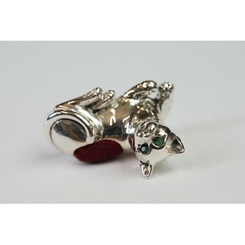 229 - Silver Cat Pincushion with emerald eyes