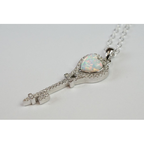 231 - Silver CZ and Opal Key shaped Tiffany style Pendant Necklace