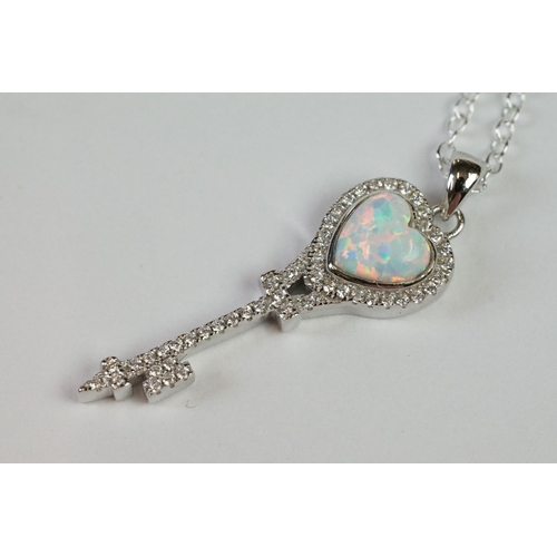 231 - Silver CZ and Opal Key shaped Tiffany style Pendant Necklace