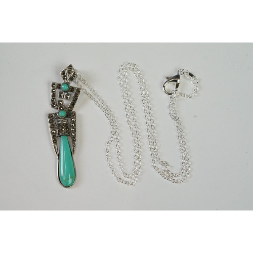 254 - Silver Art Deco style Pendant Necklace set with Turquoise and Marcasites