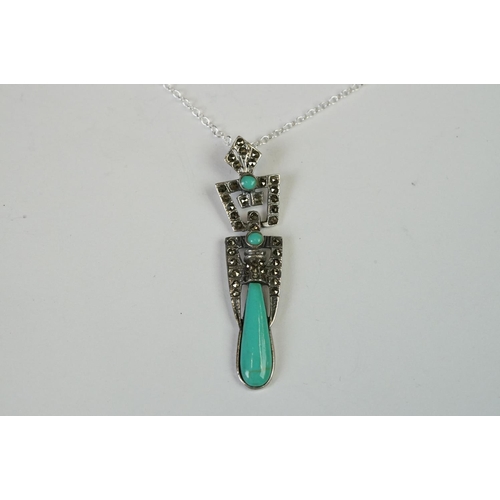 254 - Silver Art Deco style Pendant Necklace set with Turquoise and Marcasites