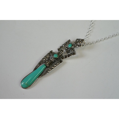 254 - Silver Art Deco style Pendant Necklace set with Turquoise and Marcasites