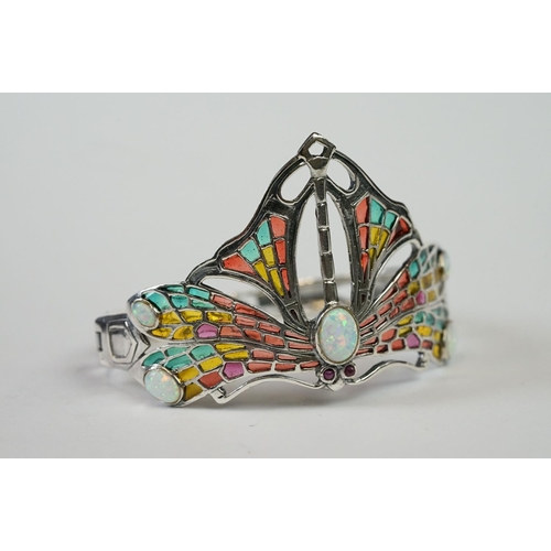 255 - Large Silver Plique a Jour Cuff Bangle in the Art Deco style with opal cabochons