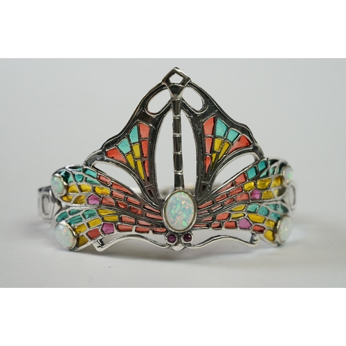 255 - Large Silver Plique a Jour Cuff Bangle in the Art Deco style with opal cabochons