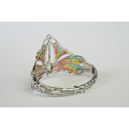 255 - Large Silver Plique a Jour Cuff Bangle in the Art Deco style with opal cabochons