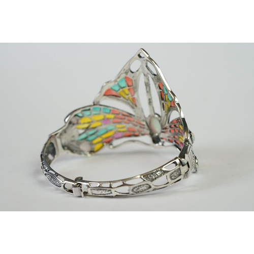 255 - Large Silver Plique a Jour Cuff Bangle in the Art Deco style with opal cabochons