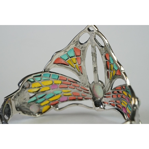 255 - Large Silver Plique a Jour Cuff Bangle in the Art Deco style with opal cabochons