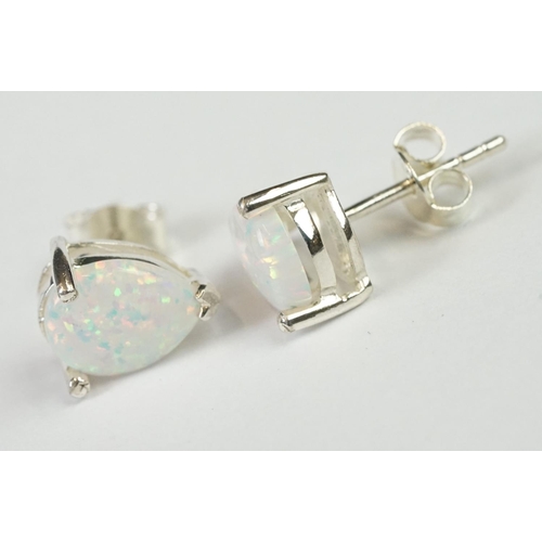 260 - Pair of Pear shaped Silver and Opal Stud Earrings