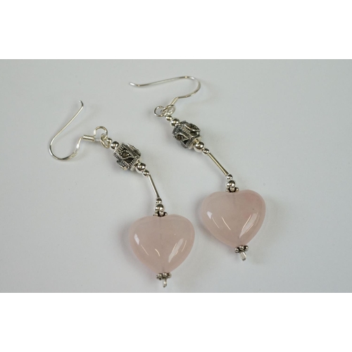 266 - Pair of Silver Rose Quartz Heart shaped Earrings