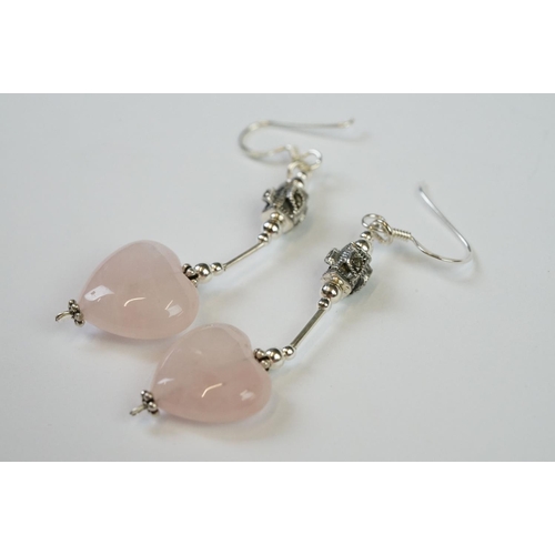 266 - Pair of Silver Rose Quartz Heart shaped Earrings