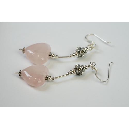 266 - Pair of Silver Rose Quartz Heart shaped Earrings