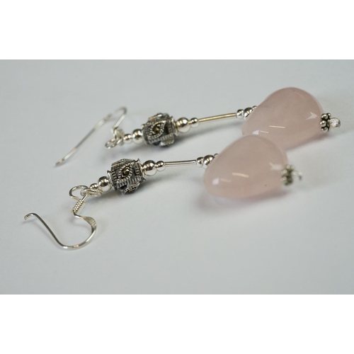 266 - Pair of Silver Rose Quartz Heart shaped Earrings