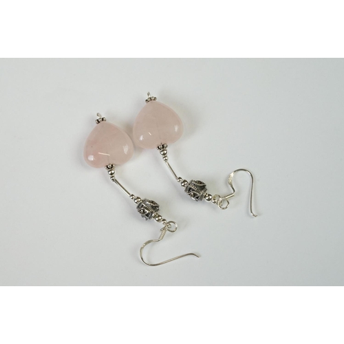 266 - Pair of Silver Rose Quartz Heart shaped Earrings