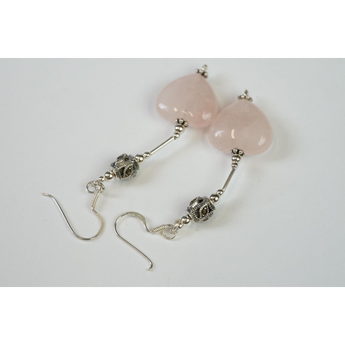 266 - Pair of Silver Rose Quartz Heart shaped Earrings