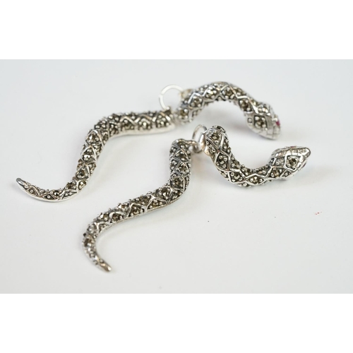 272 - Pair of Silver Marcasite Snake Earrings with ruby eyes