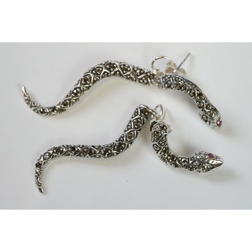 272 - Pair of Silver Marcasite Snake Earrings with ruby eyes