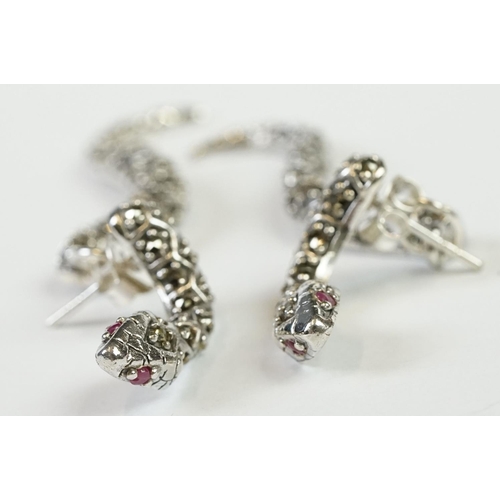 272 - Pair of Silver Marcasite Snake Earrings with ruby eyes