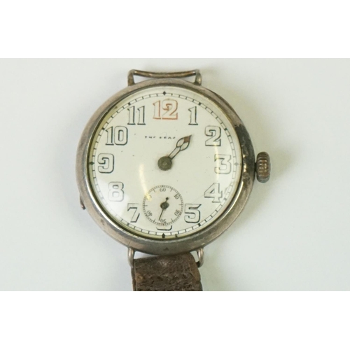 289 - World War One Silver Cased Trench Watch with leather strap (a/f)