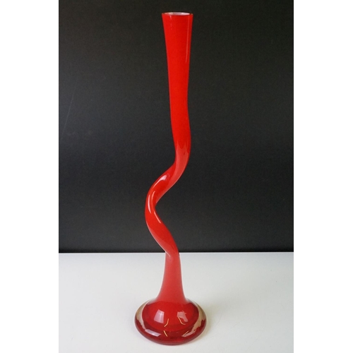 300 - Murano 1970's Red Art Glass vase of spiral twisted form, measures 50cm high