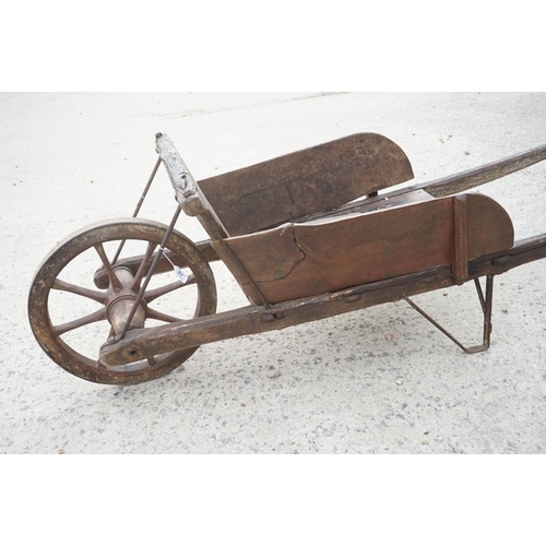 97 - Traditional Wooden Wheelbarrow with through jointed frame, wooden spoke wheel with iron rim and remo... 