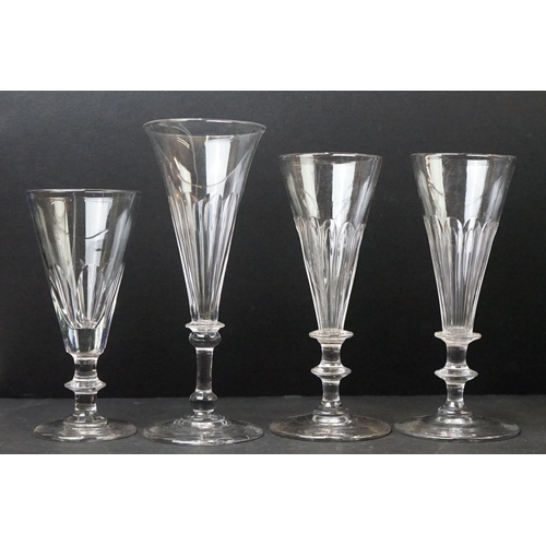 54 - Collection of Thirty 19th Century Ale / Champagne Flutes with facet-cut bowls, knop stems and ground... 