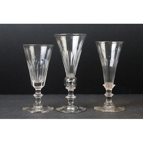 54 - Collection of Thirty 19th Century Ale / Champagne Flutes with facet-cut bowls, knop stems and ground... 