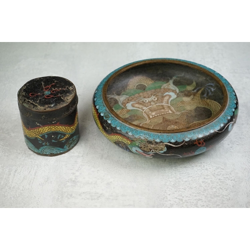 194 - Chinese Cloisonne Bowl decorated with dragons on a blue and black ground, four character marks to ba... 