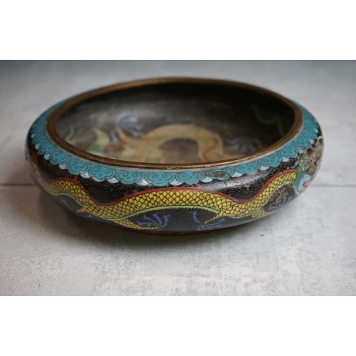 194 - Chinese Cloisonne Bowl decorated with dragons on a blue and black ground, four character marks to ba... 