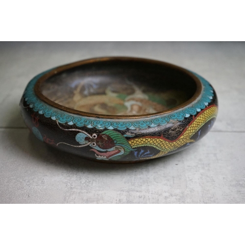 194 - Chinese Cloisonne Bowl decorated with dragons on a blue and black ground, four character marks to ba... 