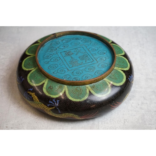 194 - Chinese Cloisonne Bowl decorated with dragons on a blue and black ground, four character marks to ba... 