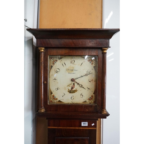 593 - Early 19th century Oak and Mahogany Inlaid Longcase Clock with striking movement, the painted face m... 