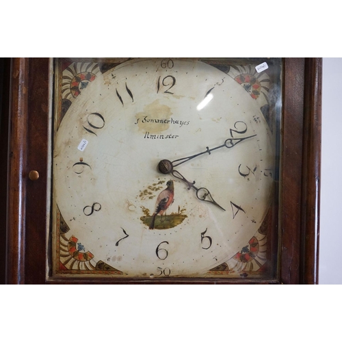 593 - Early 19th century Oak and Mahogany Inlaid Longcase Clock with striking movement, the painted face m... 