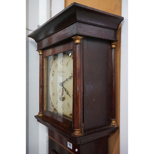 593 - Early 19th century Oak and Mahogany Inlaid Longcase Clock with striking movement, the painted face m... 