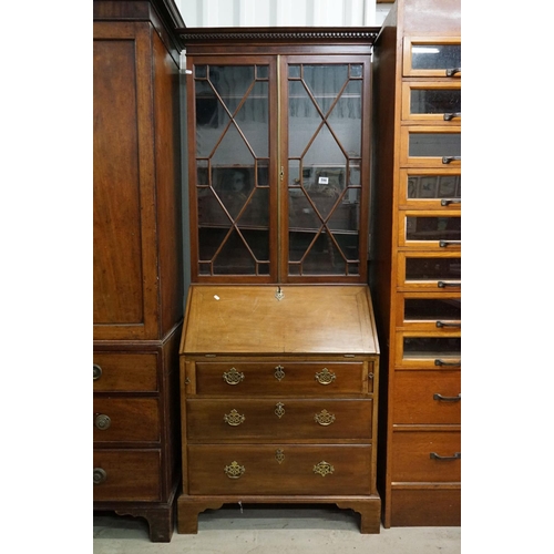 598 - Edwardian Mahogany Bureau Bookcase, the upper section with twin astragel doors opening to three adju... 