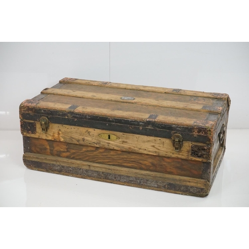 600 - 19th century Pine and Metal Bound Travelling Trunk / Box with two carrying handles, 81cm wide x 31cm... 