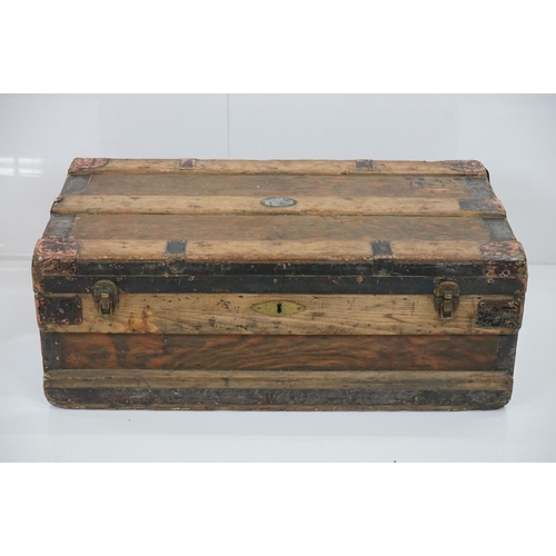 600 - 19th century Pine and Metal Bound Travelling Trunk / Box with two carrying handles, 81cm wide x 31cm... 