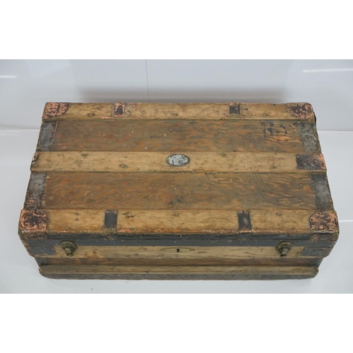 600 - 19th century Pine and Metal Bound Travelling Trunk / Box with two carrying handles, 81cm wide x 31cm... 