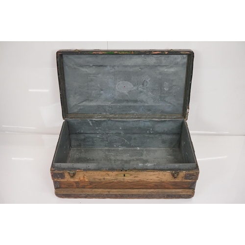 600 - 19th century Pine and Metal Bound Travelling Trunk / Box with two carrying handles, 81cm wide x 31cm... 