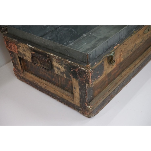 600 - 19th century Pine and Metal Bound Travelling Trunk / Box with two carrying handles, 81cm wide x 31cm... 