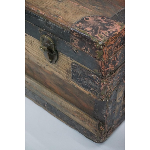 600 - 19th century Pine and Metal Bound Travelling Trunk / Box with two carrying handles, 81cm wide x 31cm... 