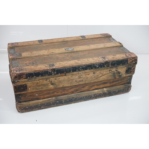 600 - 19th century Pine and Metal Bound Travelling Trunk / Box with two carrying handles, 81cm wide x 31cm... 