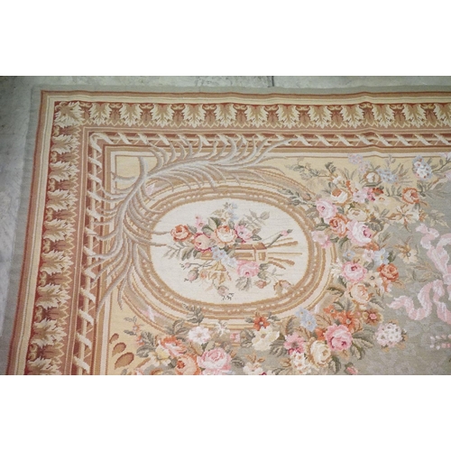 602 - Large French  Aubusson style Tapestry, the green ground with panels of floral sprays within a stylis... 