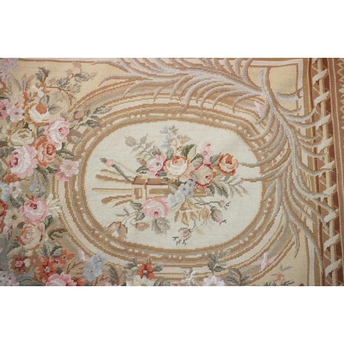 602 - Large French  Aubusson style Tapestry, the green ground with panels of floral sprays within a stylis... 