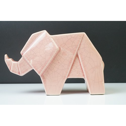 12A - Pair of Art Deco pink crackle-glazed ceramic elephants, of geometric form, 16cm high